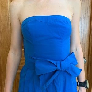 A & F Blue tie waist mini strapless dress